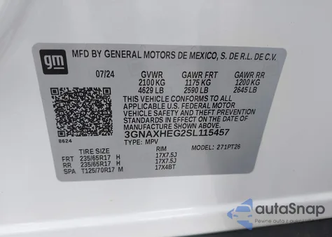 2025 Chevrolet Equinox Fwd Lt из США, поврежденный, VIN 3GNAXHEG2SL115457